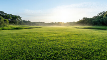 Obraz premium Lush green field with morning mist and sunlight illuminating landscape