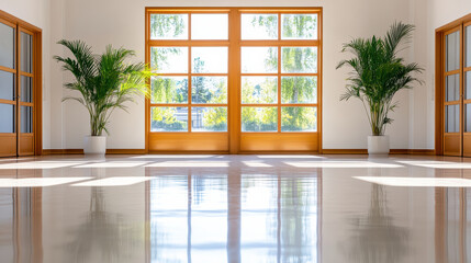 Fototapeta premium Bright and spacious corridor with large windows and potted plants, creating serene atmosphere