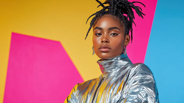 Futuristic metallic outfit showcases bold fashion statement with vibrant background colors