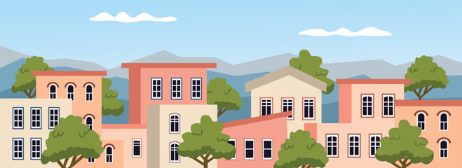 Summer house landscape. Cozy House Exterior. Countryside Home in Summer. Summer Residential Landscape. Sunny day. Colorful house.