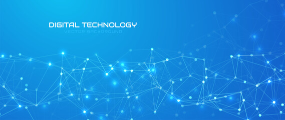Futuristic Digital Network Lines with Glowing Dots Tech Blue Background. Abstract Data Connection Concept. Technology and Science Plexus Effect Banner. Vector Illustration.