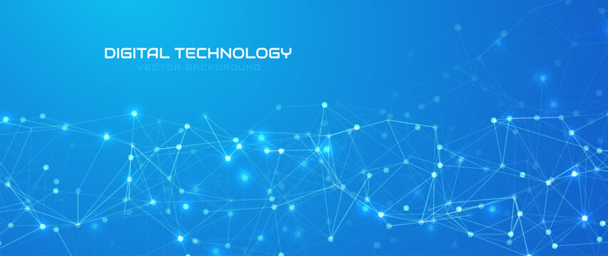 Futuristic Digital Network Lines with Glowing Dots Tech Blue Background. Abstract Data Connection Concept. Technology and Science Plexus Effect Banner. Vector Illustration.