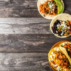 Assorted colorful tacos on rustic wood