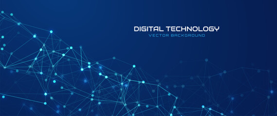 Futuristic Digital Network Lines with Glowing Dots Tech Blue Background. Abstract Data Connection Concept. Technology and Science Plexus Effect Banner. Vector Illustration.