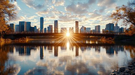 Stunning sunrise over city skyline reflecting on water, with bridge in foreground