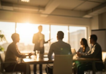 Fototapeta premium Business team in a meeting with a presenter in a sunlit office.