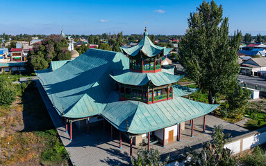 A quadcopter view of the mosque in the city of Zharkent in the Almaty region of southeastern...