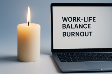 Lit candle beside laptop displaying 