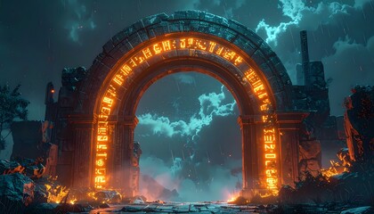 Ancient Stone Archway with Glowing Runes and Mystical Energy in a Dark Stormy Landscape.