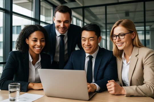 Group of diverse business professionals collaborating together at a laptop in modern office with large windows and natural light background. Ai generative