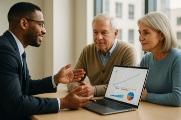 Financial advisor discussing investment growth with senior couple using laptop, in modern office with bright light and urban background concept. Ai generative