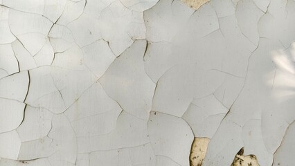 Close up of an old wall with cracked and peeling white paint, showing aged texture and weathered surface details.