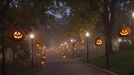 Foggy dark pathway lined with glowing carved pumpkin lanterns casting warm light