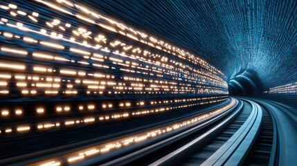 Futuristic tunnel with glowing lights and curved tracks creates dynamic atmosphere