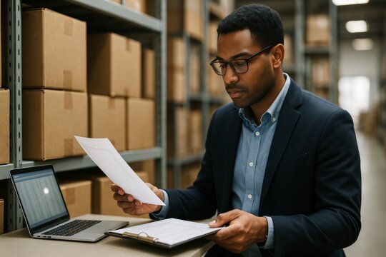 Business professional analyzing inventory documents in warehouse using laptop and clipboard on industrial storage background. Ai generative