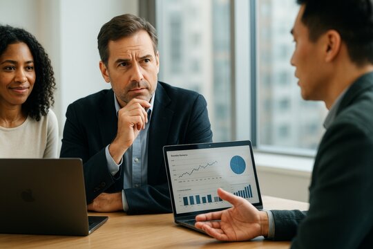 Business team analyzing financial data on laptop during serious discussion in modern office with cityscape background and natural light. Ai generative