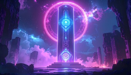 Obraz premium Mystical glowing portal in an ancient fantasy realm with vibrant neon lights and cosmic energy.