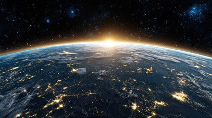 Breathtaking view of Earth from space, showcasing glowing city lights and stunning sunrise