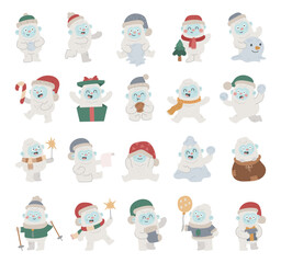 Yeti christmas character set in scandinavian style showing winter holiday activities with santa hat, different emotions and poses, holding snowball, gift, sparkler, balloon, stocking