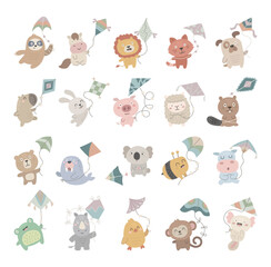 Animal with kite character set in scandinavian style with different emotions and poses including sloth, horse, lion, cat. dog, capybara, rabbit, pig, sheep, beaver