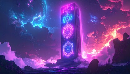 Obraz premium Mystical Neon Obelisk in a Vibrant Cosmic Landscape with Glowing Clouds and Ancient Symbols.