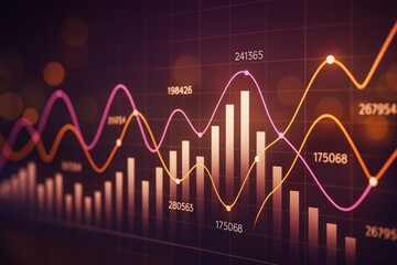 Abstract business chart with glowing lines and bar graphs on dark background representing data analytics and financial insights. Ai generative.
