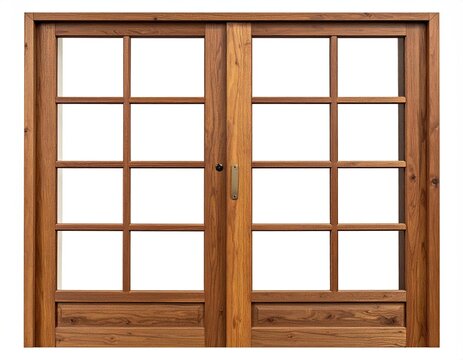 Grid-windowed wood doors, centered, with light fill