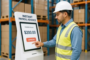 Worker using payroll advance kiosk in warehouse environment with industrial background and touchscreen interface for finance approval process. Ai generative