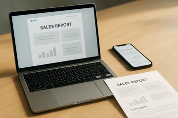 Laptop, smartphone, and printed sales report on wooden desk with light background in business workspace setting showing report data and analytics. Ai generative