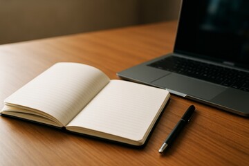 Open blank notebook with pen and laptop on wooden desk in clean workspace setup for business presentation or branding concept mockup background. Ai generative