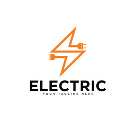 Electric logo design with thunderbolt voltage and plug, Vector image