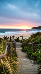 Obraz premium Stairs through dunes to the ocean at sundown