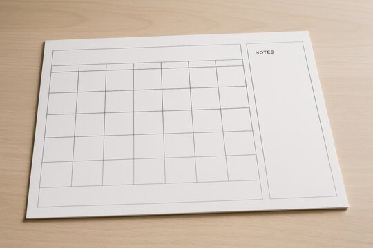 Minimalist desk calendar template with notes section placed on wooden surface background in soft light, blank concept for planning or scheduling tool. Ai generative