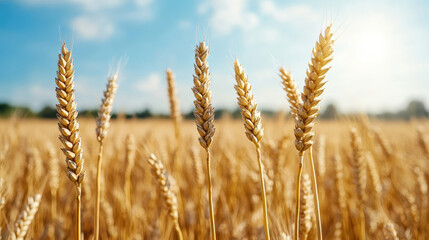 Fototapeta premium Golden wheat field glowing under hot summer sun, showcasing nature beauty and abundance
