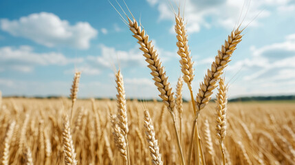 Fototapeta premium Golden wheat field swaying under bright blue sky with fluffy clouds, showcasing nature beauty