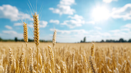 Fototapeta premium Golden wheat field glowing under hot summer sun, showcasing nature beauty and abundance