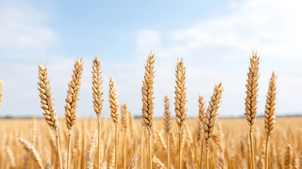 Fototapeta premium Golden wheat field swaying gently under bright blue sky, showcasing nature beauty