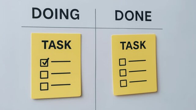 Efficient task management board with sticky notes and checklist cards organizing tasks between doing and done for improved productivity