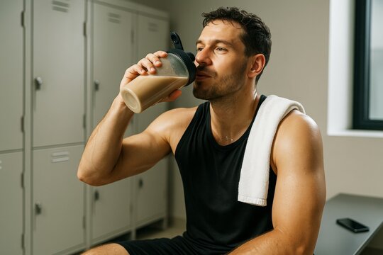 Athletic man drinking protein shake after workout in gym locker room with towel on shoulder and natural light background, fitness recovery concept. Ai generative