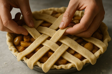 Extreme close-up of hands lattice-weaving a pie crust over a dish filled with spiced apple filling. Tactile and artisan food photography for a brand