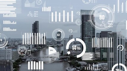 Business data analytic interface fly over smart city showing alteration future of business intelligence. Computer software and artificial intelligence are used to analyze big data for strategic plan . - Powered by Adobe