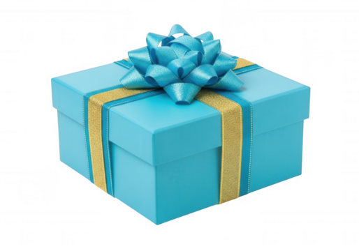 Turquoise gift box with gold ribbon isolated on a transparent background