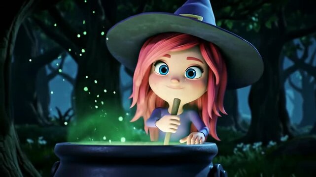 Cute cartoon witch brewing potion in magical forest
