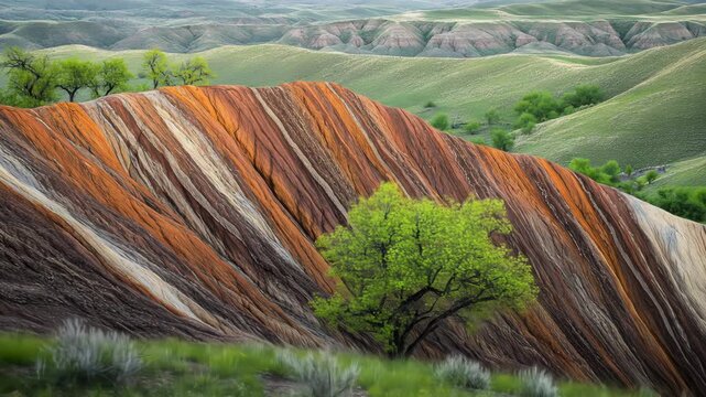 Vibrant layered hills with green trees create a stunning natural panorama.
