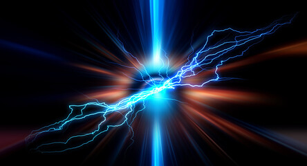 Abstract image showcases a vibrant circular portal with a cyan core and orange rings. Dynamic blue and orange light beams radiate outward against a dark backdrop.