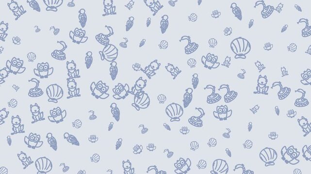 A light blue background with a repeating pattern of small, blue, hand-drawn style illustrations of various nature elements like ducks, frogs, shells, and flowers.