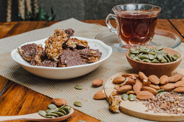 Chocolate granola with almonds and pumpkin seeds