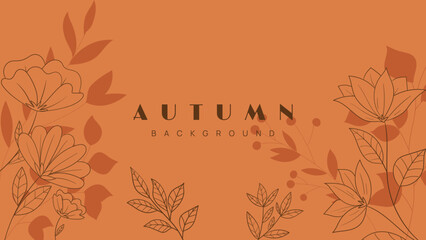 Autumn leaf on horizontal background. Wallpaper of leaf stalk line art and shadows on orange background. Fall seasonal vector illustration.