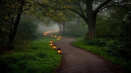 Creepy misty forest pathway with lanterns lighting the way under dark canopy