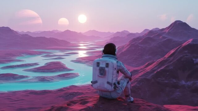 Astronaut contemplates alien landscape under twin suns and distant planets